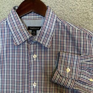 Van Heusen Shirt Men's M 15 15.5 Blue Plaid Long Sleeve Button Up Classic Preppy